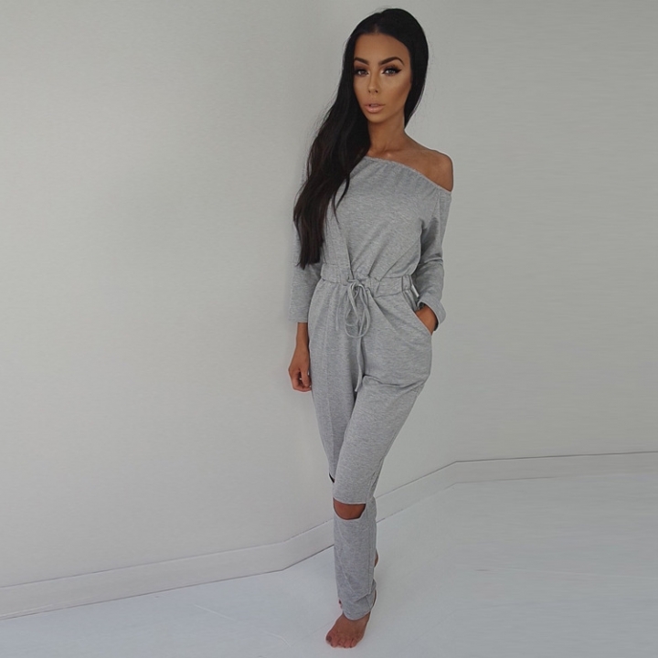Ms Solid Color A Word Collar Tube top Strapless Long Sleeves Sexy Even clothing Trousers