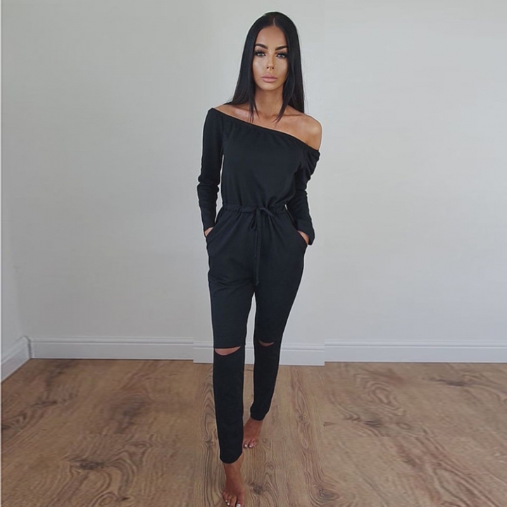 Ms Solid Color A Word Collar Tube top Strapless Long Sleeves Sexy Even clothing Trousers