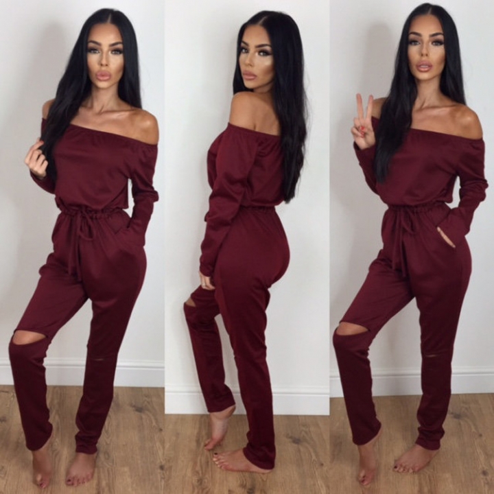 Ms Solid Color A Word Collar Tube top Strapless Long Sleeves Sexy Even clothing Trousers