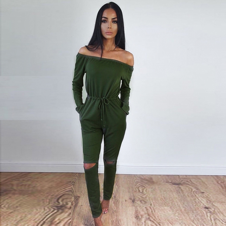Ms Solid Color A Word Collar Tube top Strapless Long Sleeves Sexy Even clothing Trousers