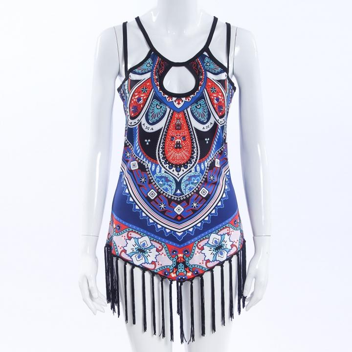 Western Style Ms Fashion Color Cashew Nuts printing Sling tassel Coat T-shirt