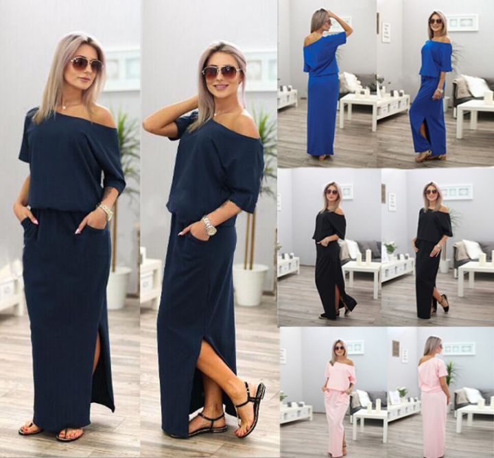 Western style Ms fashion personality summer Open sideways Fork pocket Loose dress