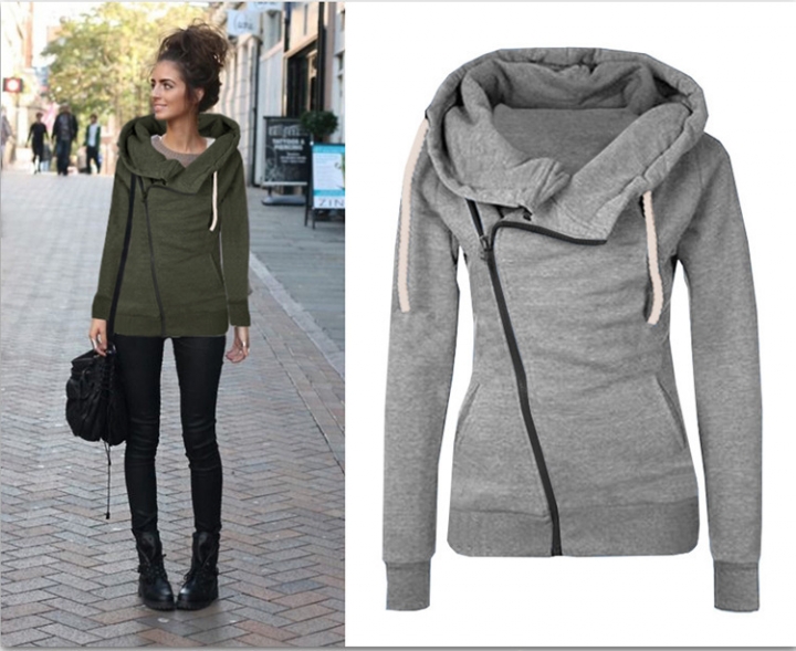 Western Style Ms Autumn Fashion Long Sleeves lapel Pocket Diagonal zipper Sweater Coat