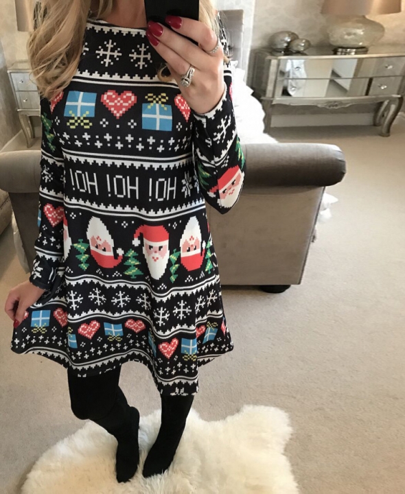 Western Style Ms Personality Fashion Santa Claus Snowman Christmas Mosaic Dress