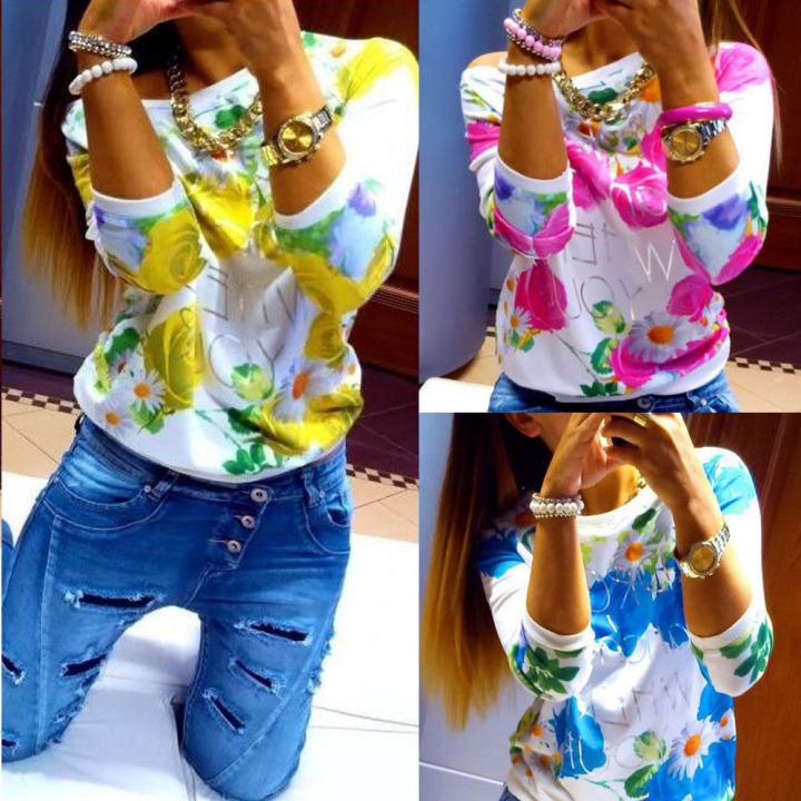 Western Style Ms The New Fashion Rose Printing Sweater Long Sleeves T-shirt