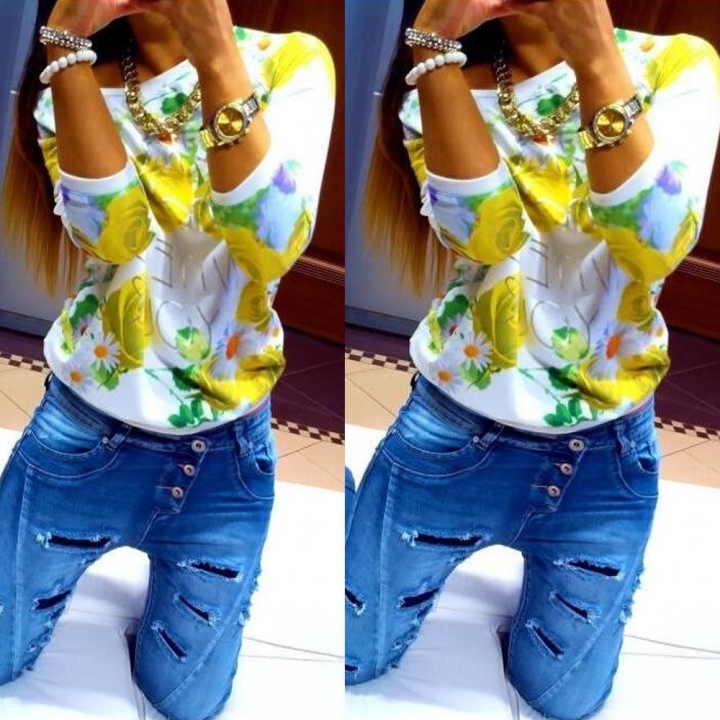 Western Style Ms The New Fashion Rose Printing Sweater Long Sleeves T-shirt