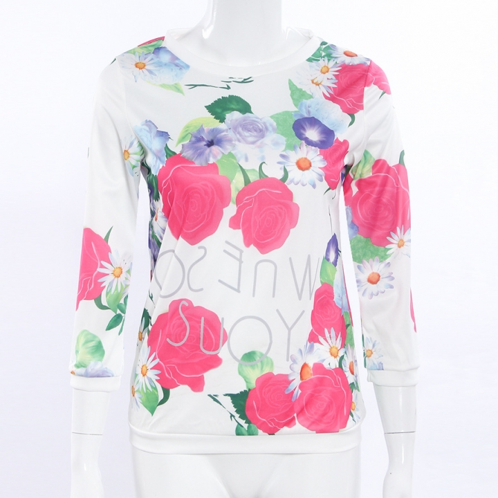 Western Style Ms The New Fashion Rose Printing Sweater Long Sleeves T-shirt