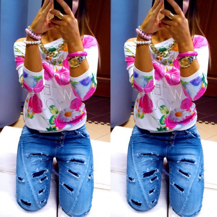 Western Style Ms The New Fashion Rose Printing Sweater Long Sleeves T-shirt