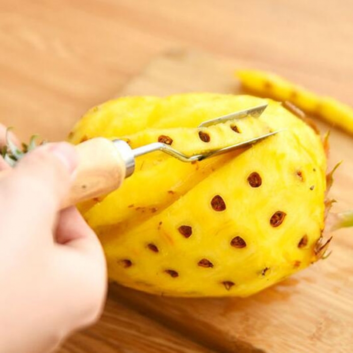 2set  Wooden Anti Slip Silver Tone Shovels V-shaped Stainless Steel Slicers Pineapple Cutter Fruit Peeler  Kitchen Restaurant Supplies