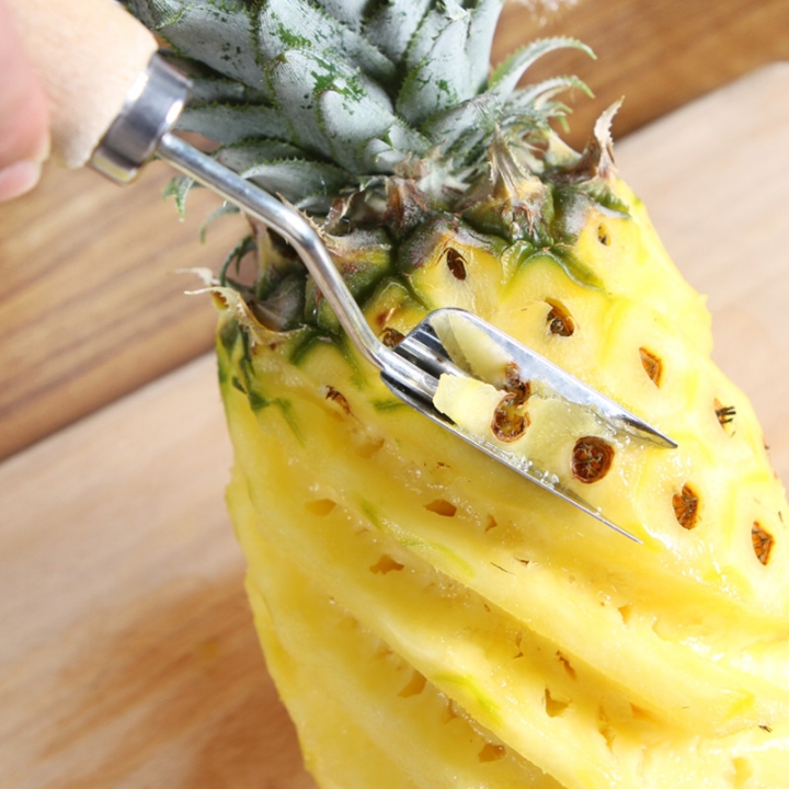 2set  Wooden Anti Slip Silver Tone Shovels V-shaped Stainless Steel Slicers Pineapple Cutter Fruit Peeler  Kitchen Restaurant Supplies