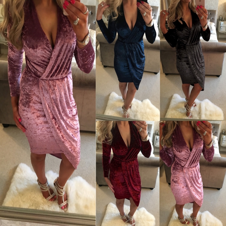 Western Style Ms Winter Bottom Slim Sexy V collar irregular Dress