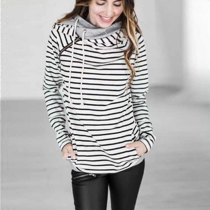 Western Style Ms Fashion Autumn And Winter Stripe Stitching Jacket With Hat Sweater