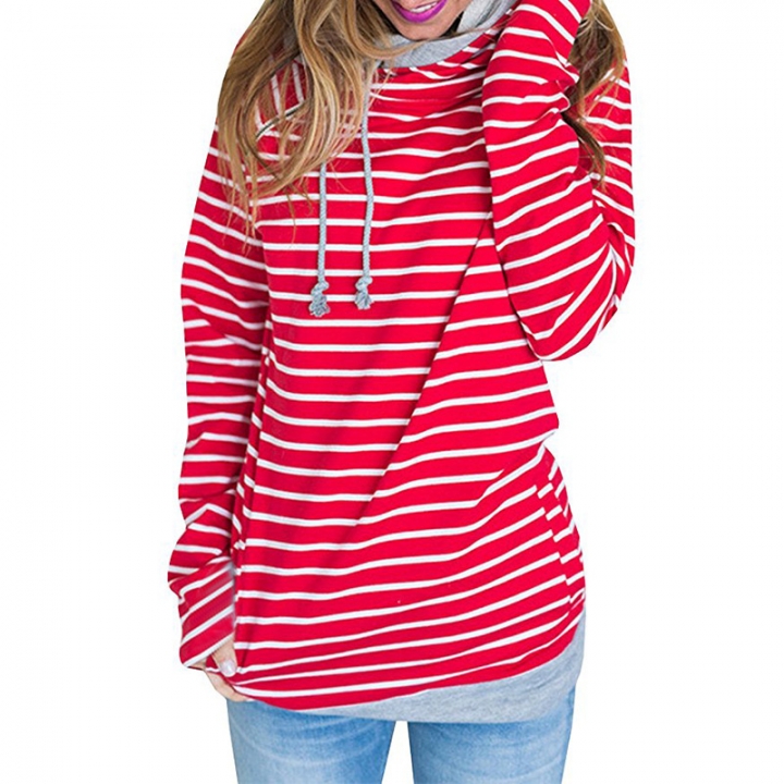 Western Style Ms Fashion Autumn And Winter Stripe Stitching Jacket With Hat Sweater