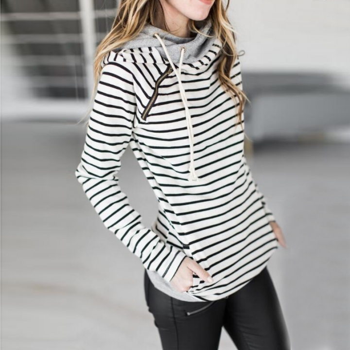 Western Style Ms Fashion Autumn And Winter Stripe Stitching Jacket With Hat Sweater
