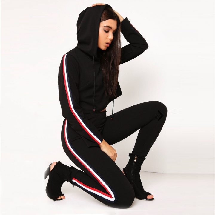Western Style Ms Trend Stitching Ribbon Hooded Outdoor Movement Set