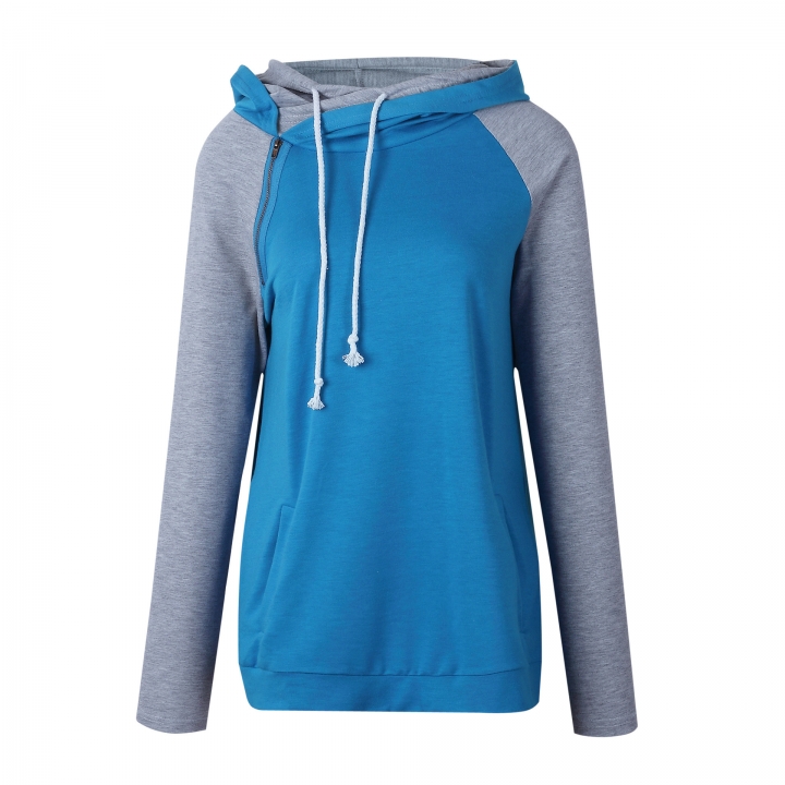 Western Style Ms Fashion Autumn And Winter Diagonal Zipper Stitching jacket With Hat Sweater Coat