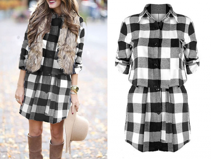 Western Style Ms Autumn And Winter Christmas Fashion Lattice Slim A Row of Buckles Dress Coat