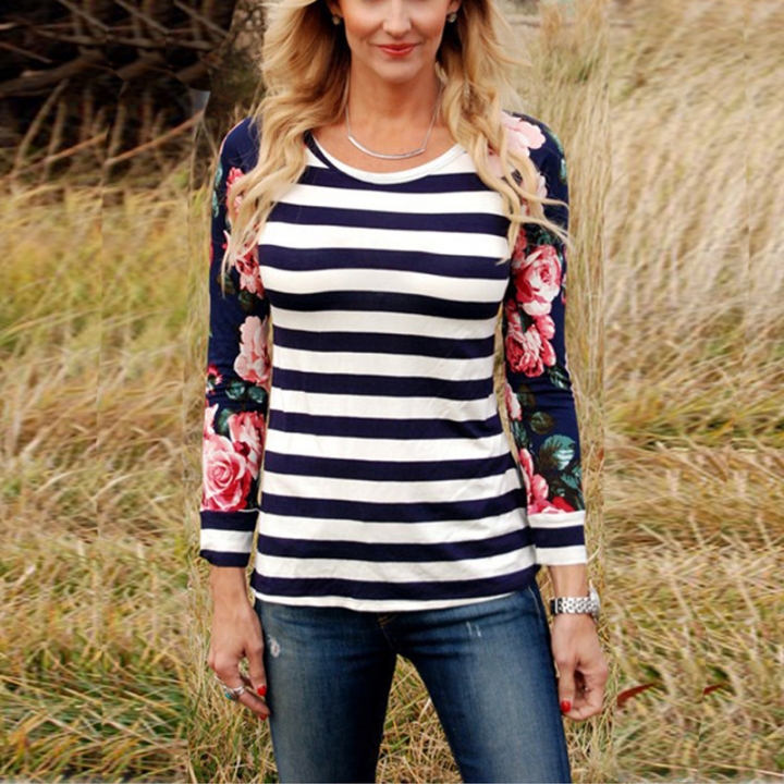Western Style Ms The New Spring And Summer Fashion Wild Printing Stripe Round Neck T-shirt