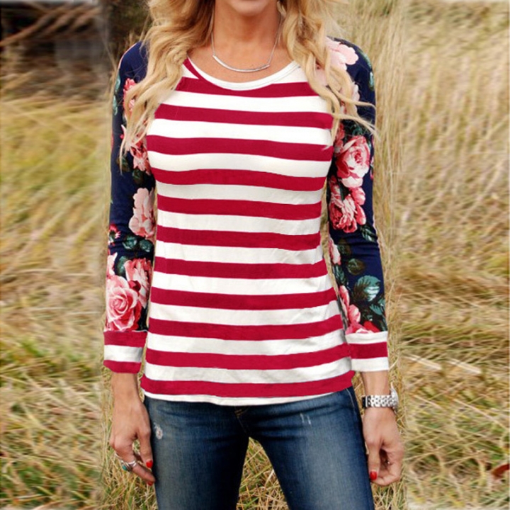 Western Style Ms The New Spring And Summer Fashion Wild Printing Stripe Round Neck T-shirt
