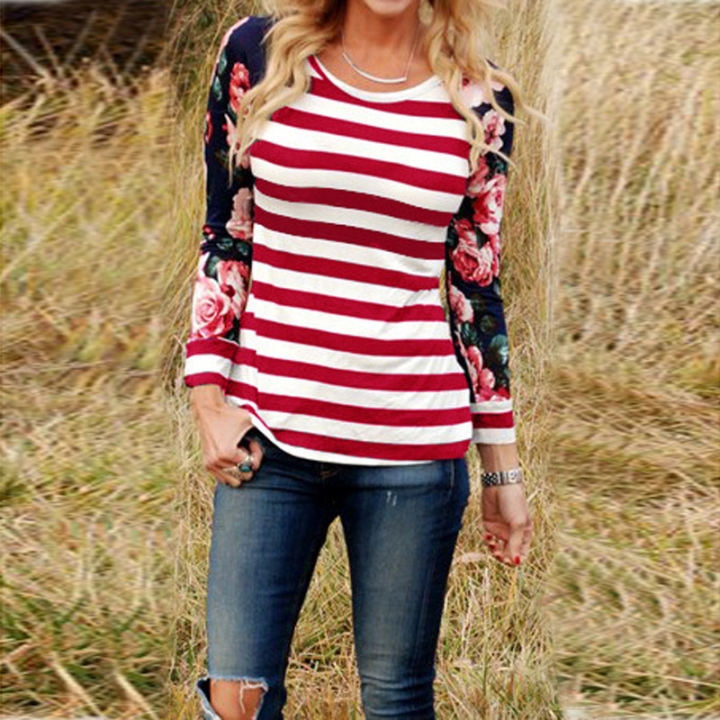 Western Style Ms The New Spring And Summer Fashion Wild Printing Stripe Round Neck T-shirt