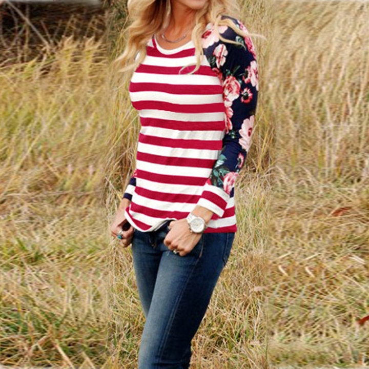 Western Style Ms The New Spring And Summer Fashion Wild Printing Stripe Round Neck T-shirt