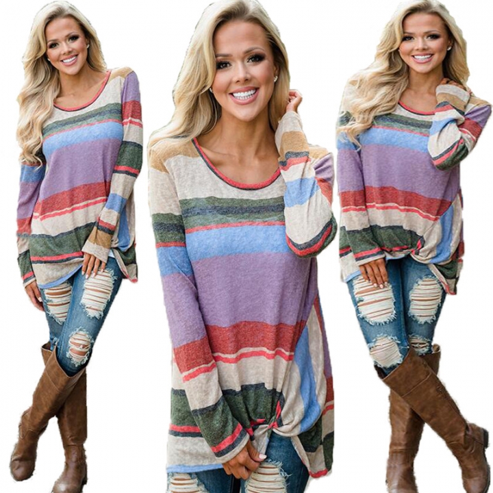 Western Style Ms Fashion Autumn And Winter Rainbow Stripe Fashion tie Features coat T-shirt