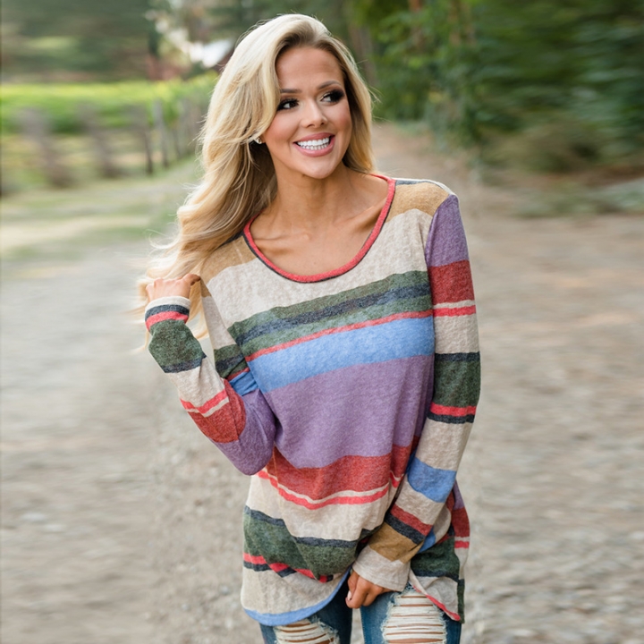 Western Style Ms Fashion Autumn And Winter Rainbow Stripe Fashion tie Features coat T-shirt