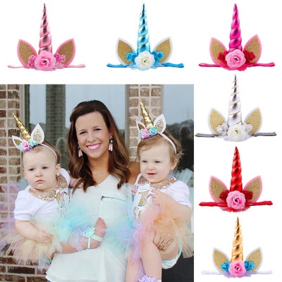Child Headband Unicorn Animal Headband baby Golden Horn Animal Flower Headband