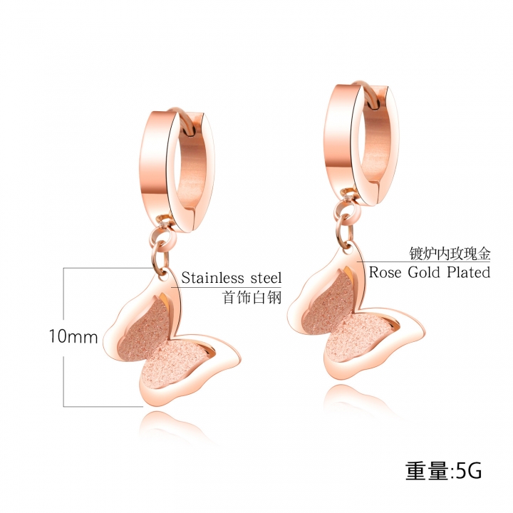 Fashion Titanium steel Scrub butterfly earring Ladies decoration Rose gold temperament earring