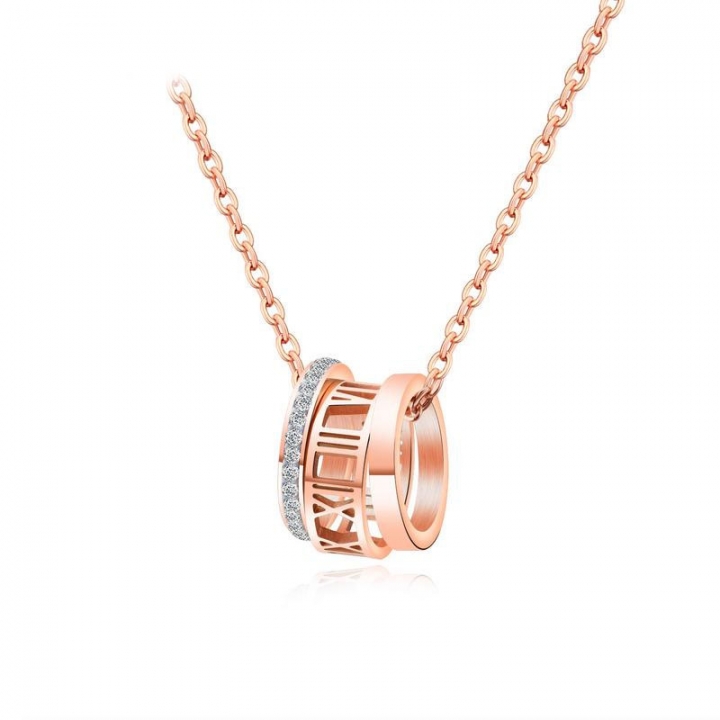 Rose gold plated Three rings Full Diamond Rome digital Titanium steel Clavicular chain