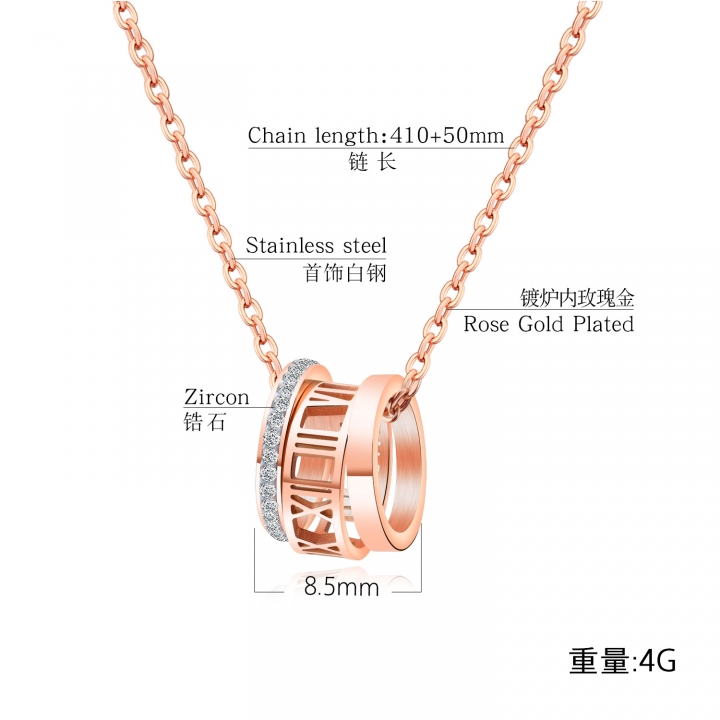 Rose gold plated Three rings Full Diamond Rome digital Titanium steel Clavicular chain