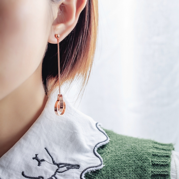 Fashion geometry Double ring Circle tassel earring Titanium steel Rose gold plated earring