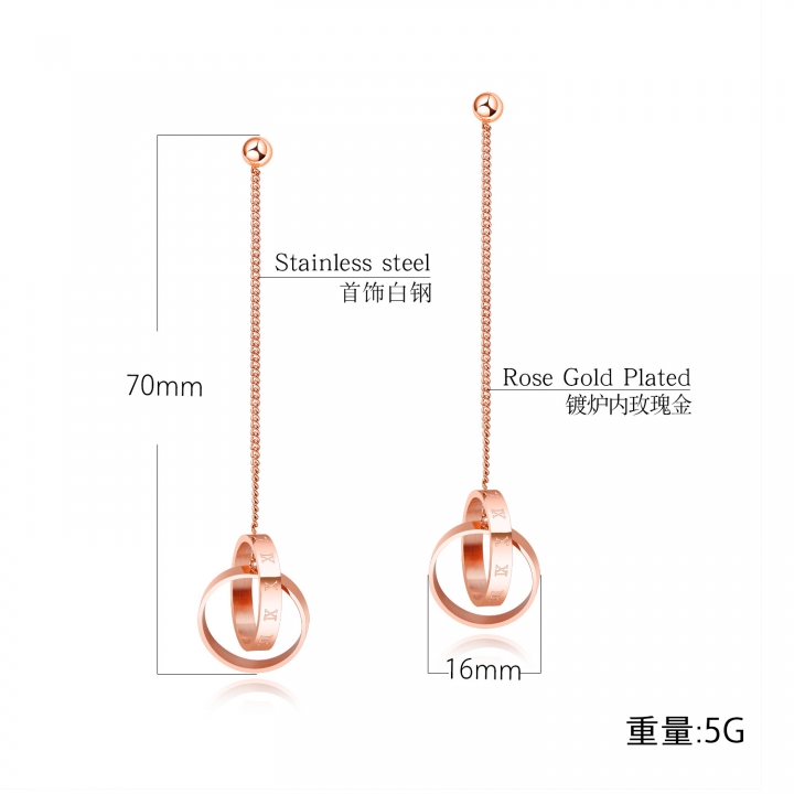 Fashion geometry Double ring Circle tassel earring Titanium steel Rose gold plated earring