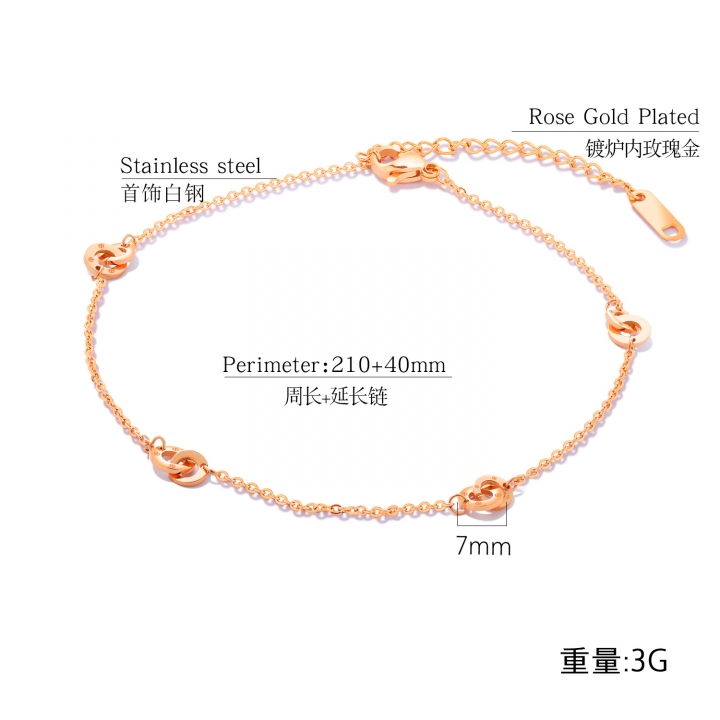 Simple Retro Wild Titanium steel Rose gold Double ring Interlocking Circle Anklet slim O word chain