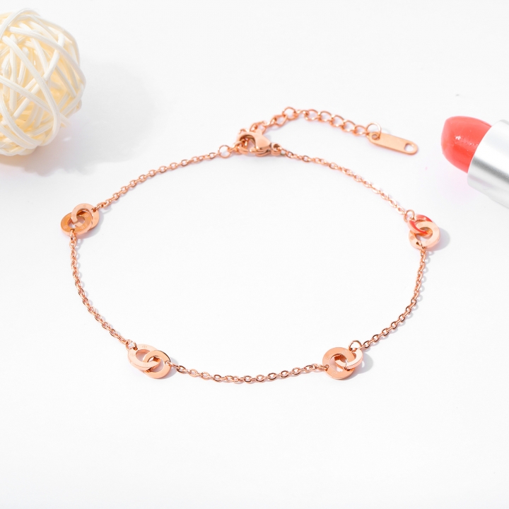 Simple Retro Wild Titanium steel Rose gold Double ring Interlocking Circle Anklet slim O word chain