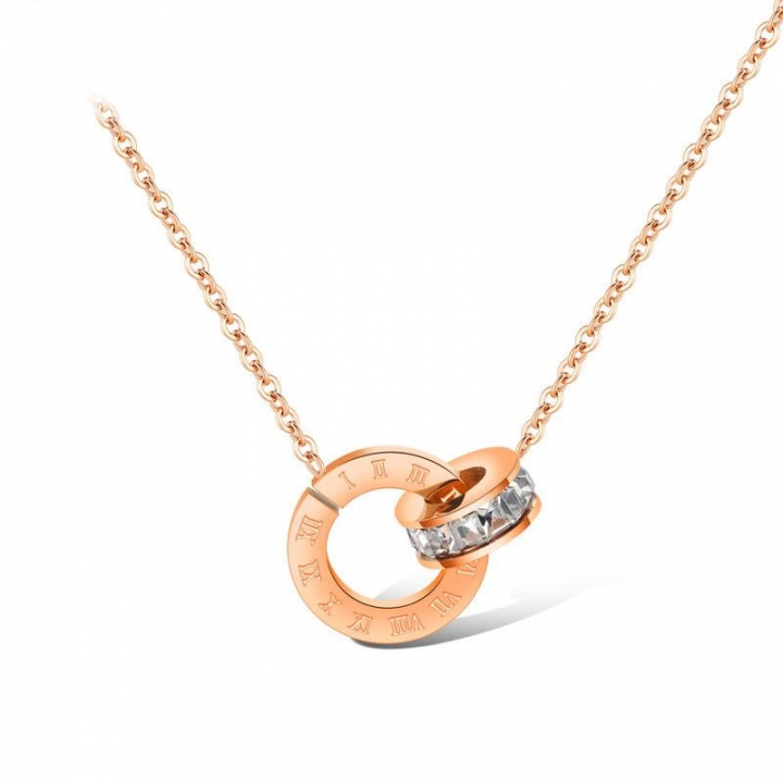 Titanium steel Rose gold plated Double ring Rome digital necklace Diamond Clavicular chain
