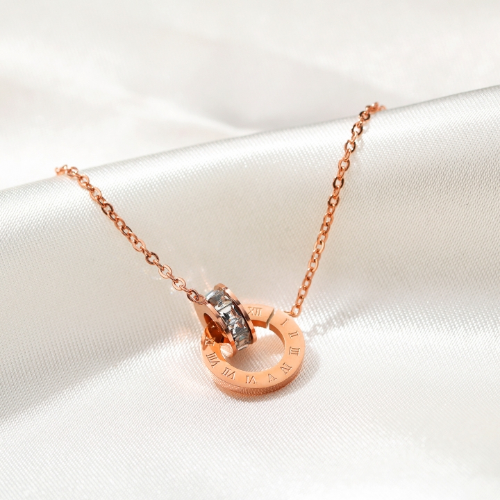 Titanium steel Rose gold plated Double ring Rome digital necklace Diamond Clavicular chain