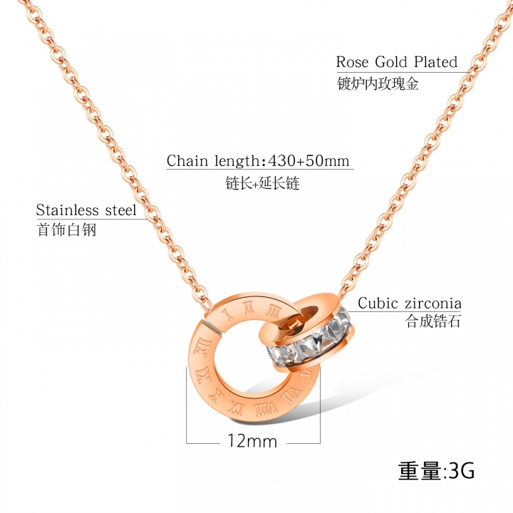 Titanium steel Rose gold plated Double ring Rome digital necklace Diamond Clavicular chain