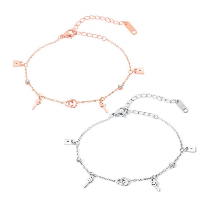 Simple Double ring Circle Bracelet Titanium steel Rose gold plated key Smiley face Diamond jewelry