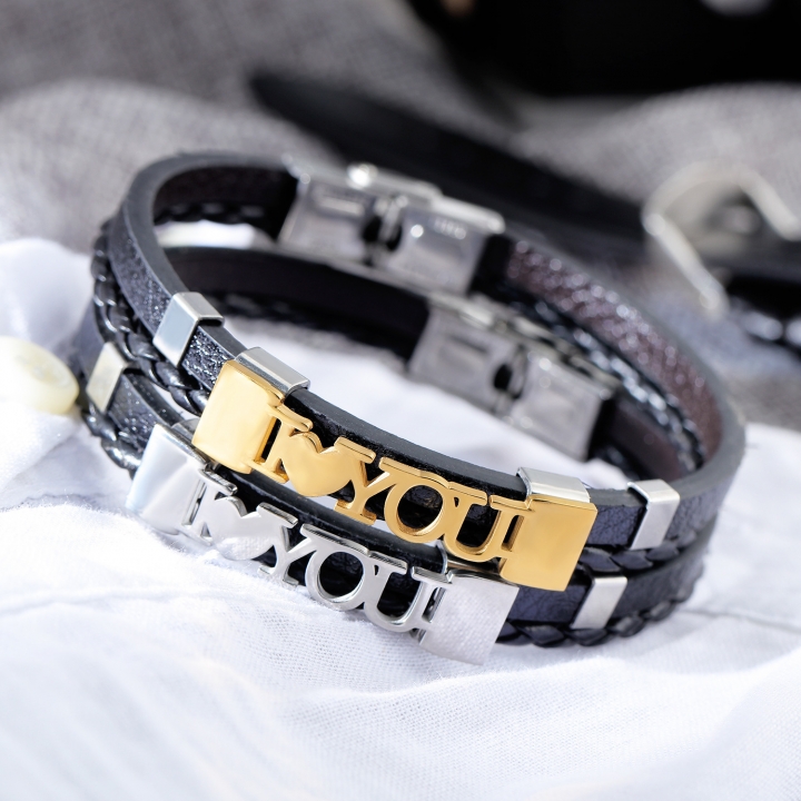 Personality I LOVE U Weaving Multi-layer Titanium steel Men Leather bracelet