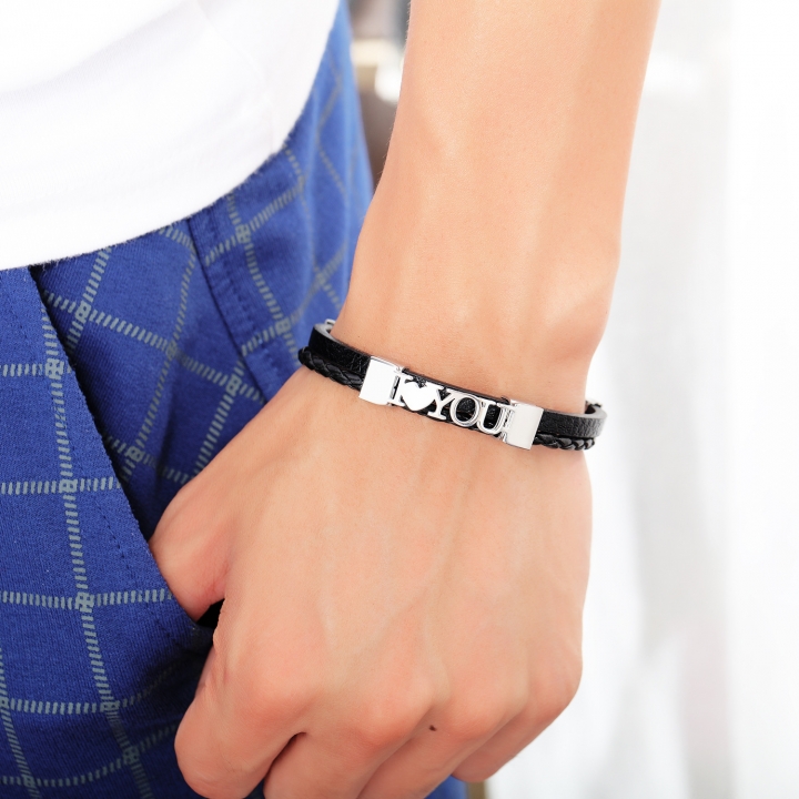 Personality I LOVE U Weaving Multi-layer Titanium steel Men Leather bracelet