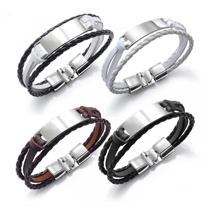 Western style fashion Simple Wild Multi-layer Weaving Men Titanium steel Leather bracelet