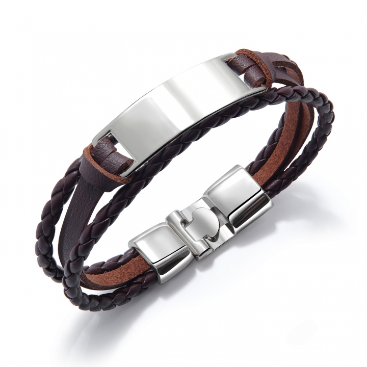 Western style fashion Simple Wild Multi-layer Weaving Men Titanium steel Leather bracelet