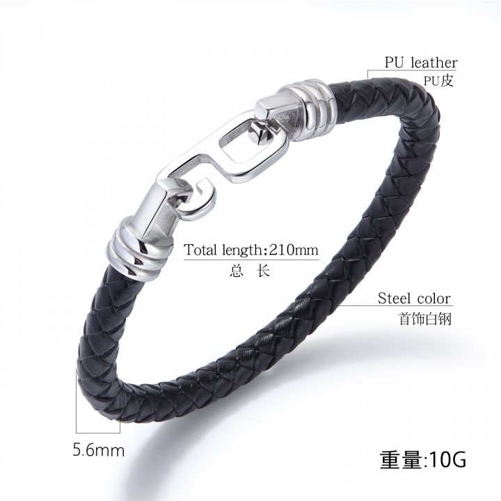 Western style Men 6 word buckle personality trend stainless steel Leather bracelet