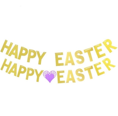 Glitter Happy Easter Easter happy Gold letter Tag Pull flower Party Pull flag