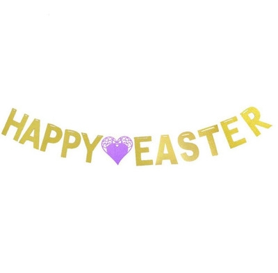 Glitter Happy Easter Easter happy Gold letter Tag Pull flower Party Pull flag