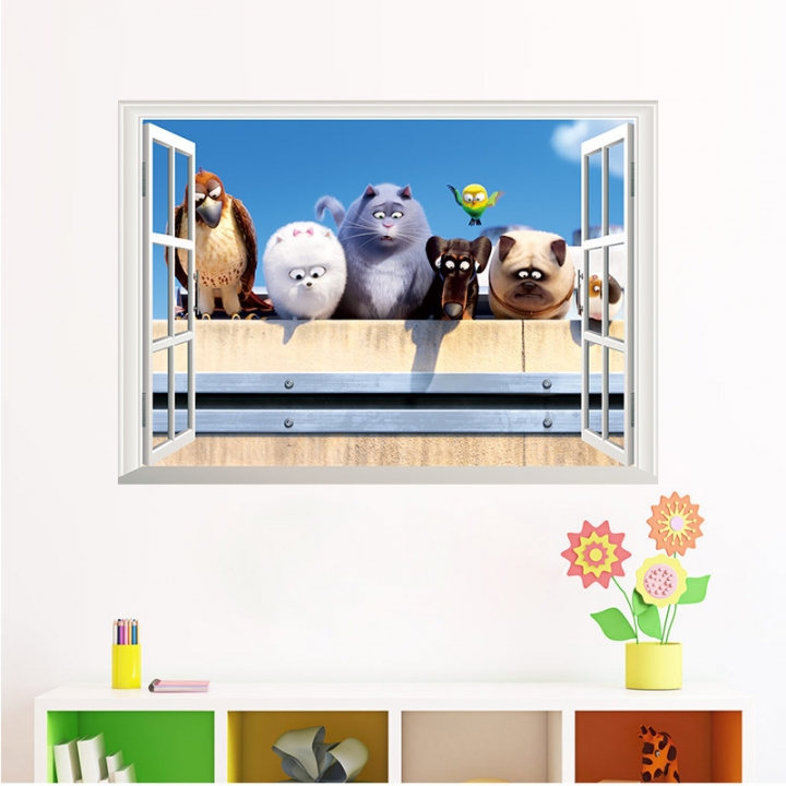 Pet Big secret Children's room 3D Fake window bedroom Background wall Sticker