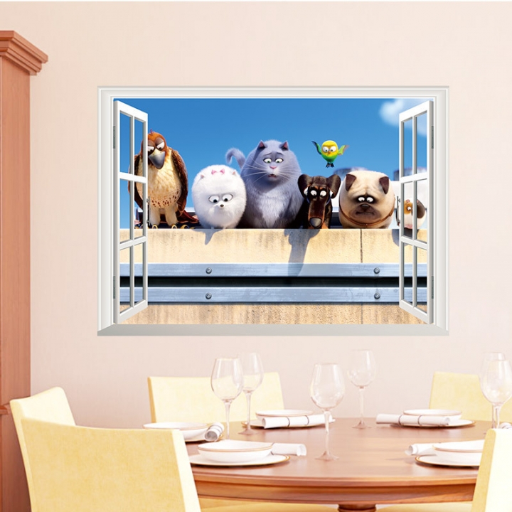 Pet Big secret Children's room 3D Fake window bedroom Background wall Sticker