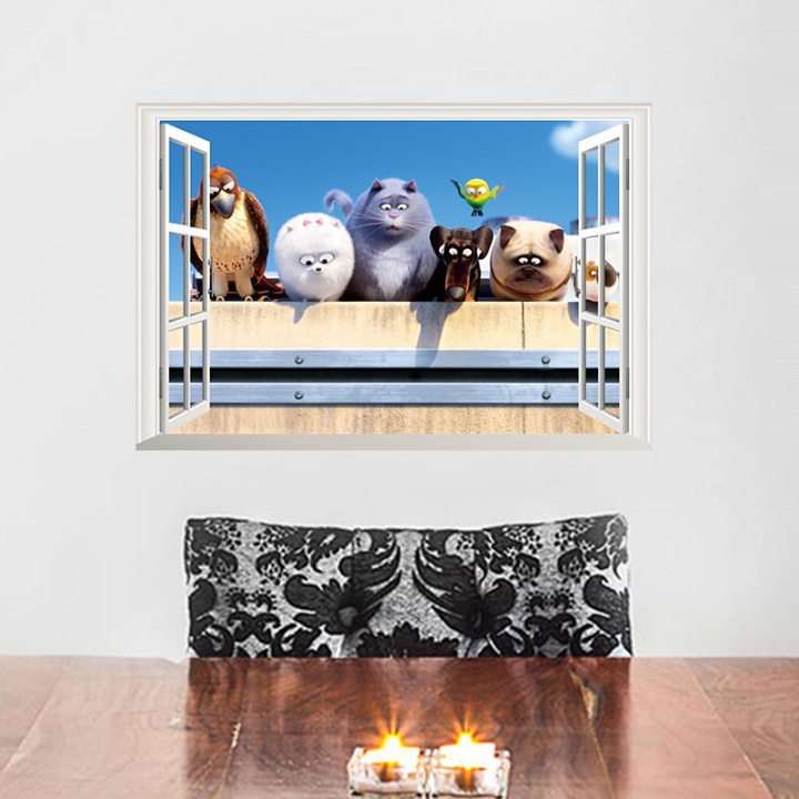 Pet Big secret Children's room 3D Fake window bedroom Background wall Sticker