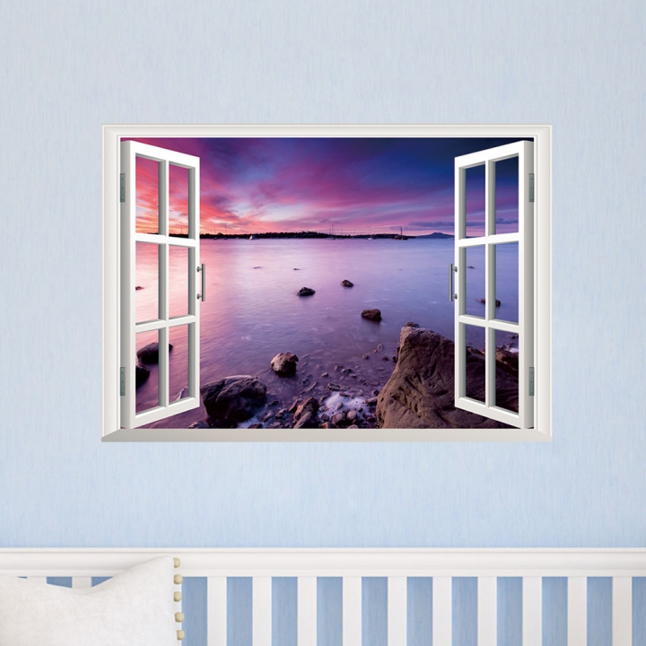 Creative Sea view 3D Fake window living room bedroom background Wall sticker